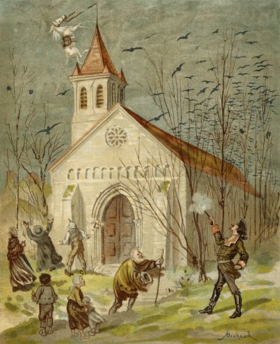 Paroni osoittaa olevansa hyvä ampuja, Rudolf Erich Raspen (1736-94) noin vuonna 1886 ilmestyneestä teoksesta "Paroni Münchausenin seikkailut". tekijältä Alphonse Adolphe Bichard